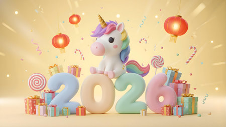 Playful and Colorful Chinese New Year 2026 Celebration with Toy Horse and Festive Decorationsの素材