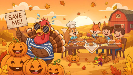 Funny Cartoon Turkey Hiding Behind Pumpkins on Thanksgivingの素材