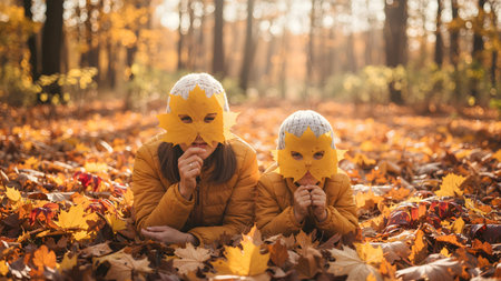 Mother and Child Playing with Autumn Leaf Masksの素材