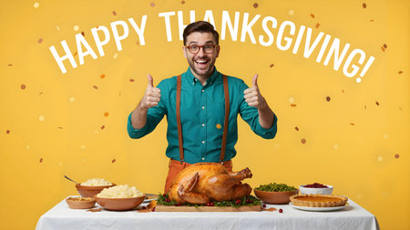 Happy Man with Roasted Turkey for Thanksgiving Celebrationの素材