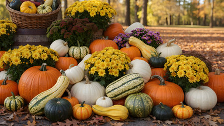 Vibrant Autumn Harvest Display With Pumpkins And Flowersの素材
