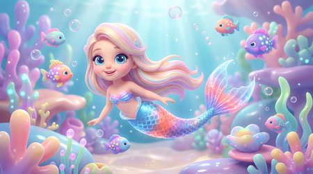Adorable Little Mermaid Swimming in Magical Oceanの素材