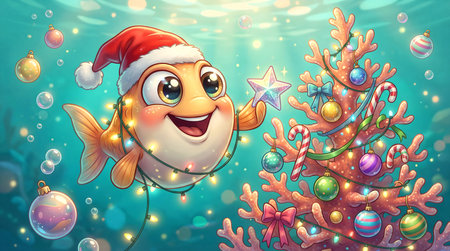 Cute Fish Decorating Underwater Christmas Tree Joyfullyの素材
