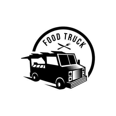 Foodstuffs white background Vintage kitchen print element with fork and knife, text and truck on grunge spotのイラスト素材