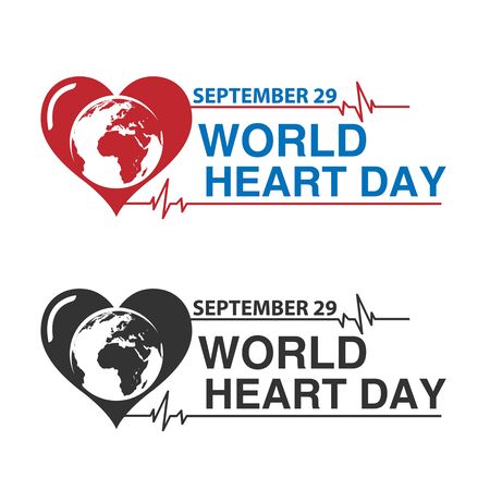World heart day with red, blue, dark grey heart and world sign vector designのイラスト素材