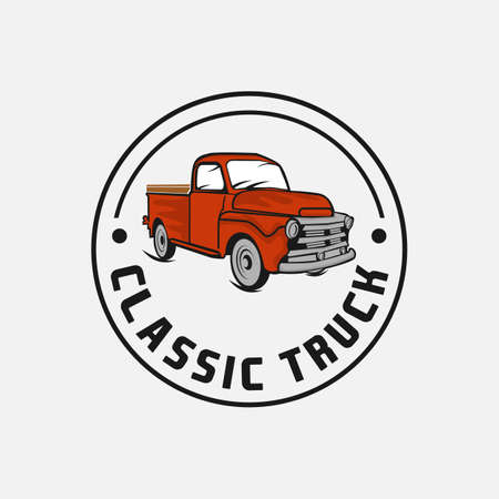 classic truck, Vintage farm food logo. Engraved logo. Vector illustration.EPS 10のイラスト素材