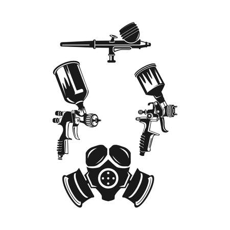 Monochrome illustration of metal spray gun and mask icon set. Isolated on white background.EPS 10のイラスト素材