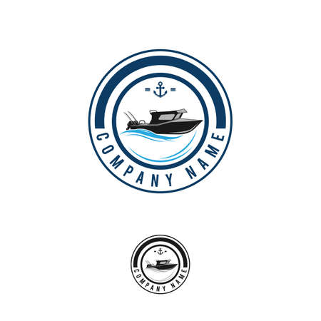 Fishing Logo Collection with Fisherman on Fish Boat, fishing boat logo template. Vector Illustration eps.10のイラスト素材