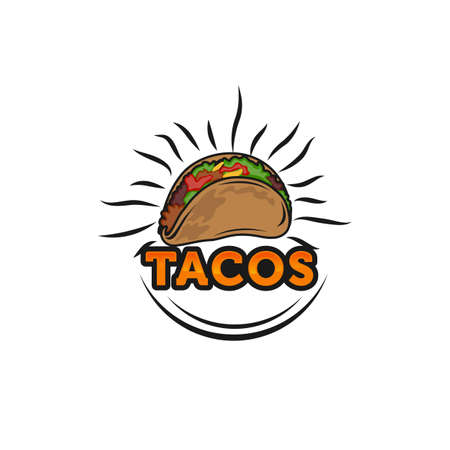 Tacos logo design vector illustration. Hot dog sausage silhouette, good for restaurant menu and cafe badge. Vintage typography logotype template.のイラスト素材