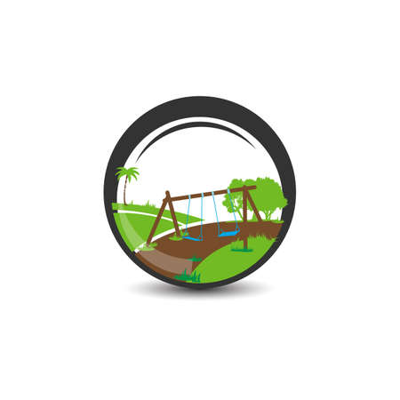 Green parks and gardens landscape icons with grass lawns, walking alleys and trimmed trees and bushes. Isolated on whiteのイラスト素材