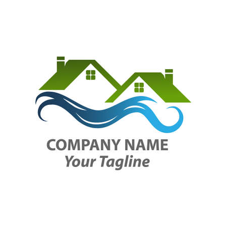 Logo of a home silhouette on a sunny beach with ocean waves. This logo is suitable for many purpose as real estate group, beach resort, location services and more.のイラスト素材