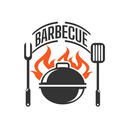 Steak House, barbecue restaurant logo, poster. BBQ trendy logo with barbecue grill , spatula and grill fork. Vector emblem template.のイラスト素材