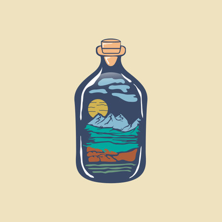 Hand drawn travel badge with mountains in a bottle textured vector illustration.EPS 10の写真素材