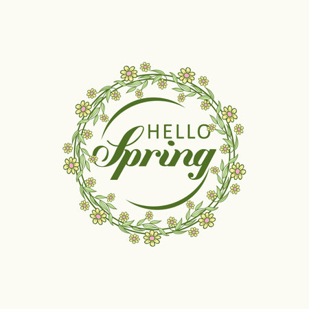 badge typography icon Hello Spring hand logotype. Lettering spring Retro lettering banner poster template background.EPS 10のイラスト素材