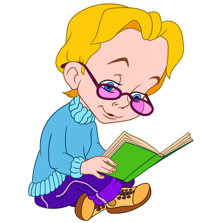 child in glasses is reading a bookのイラスト素材