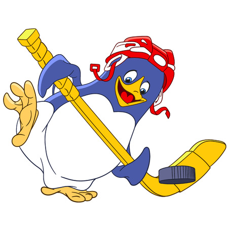 cute happy and sportive cartoon penguin - hockey player with a hockey-stick and protective helmet is trying to score a goal, isolated on a white backgroundのイラスト素材