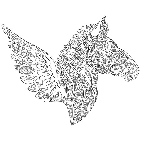 stylized cartoon zebra with wings, isolated on white background. Sketch for adult antistress coloring page. doodle, floral design elements for coloring book.のイラスト素材
