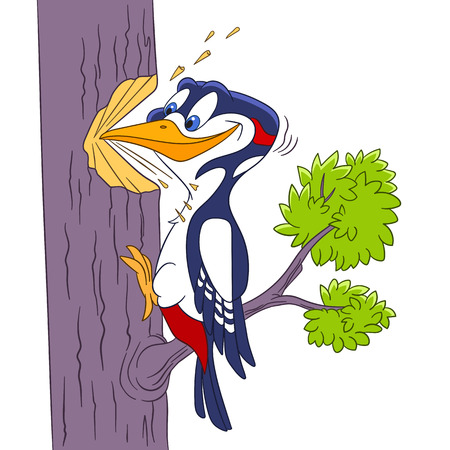 cute and hardworking cartoon forest bird woodpecker, isolated on a white backgroundのイラスト素材