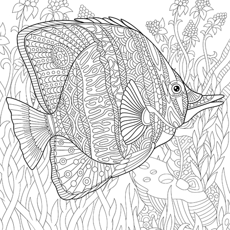 stylized cartoon butterfly fish swimming among seaweedのイラスト素材