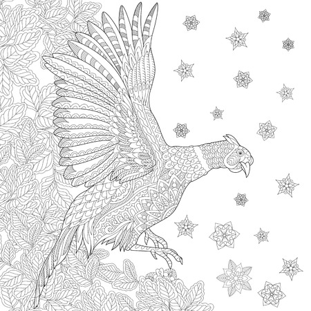 stylized cartoon pheasant bird (cock, phoenix), leaves, snowflakes.  sketch for adult antistress coloring book page, T-shirt emblem, tattoo with doodle, design elements.のイラスト素材