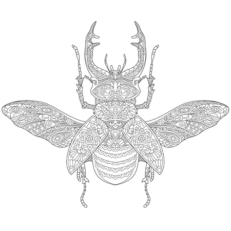 stylized cartoon stag beetle (deer beetle, Lucanus cervus). sketch for adult antistress coloring book page, T-shirt emblem,  tattoo with doodle, design elements.のイラスト素材