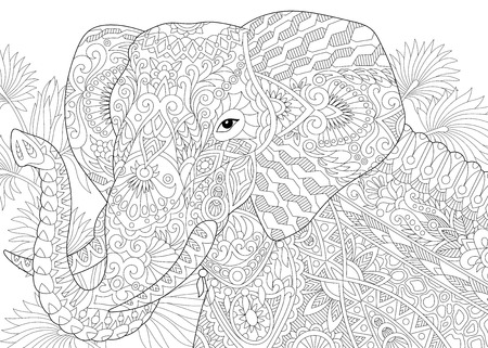 Stylized elephant among leaves of palm tree.
Freehand sketch for adult anti stress coloring book page with doodle elements.のイラスト素材