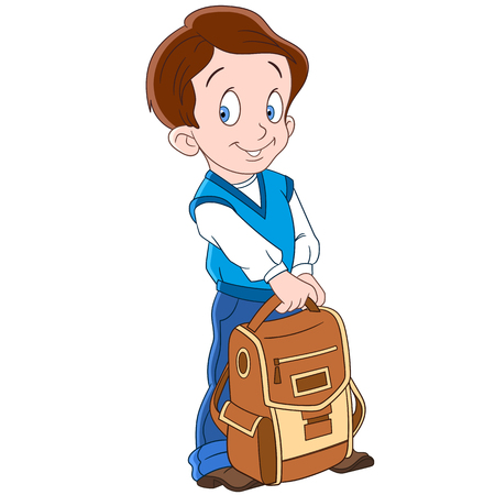 Cute and happy cartoon schoolboy with a school backpack, isolated on white background. Childish vector illustration and colorful book page for kids.のイラスト素材