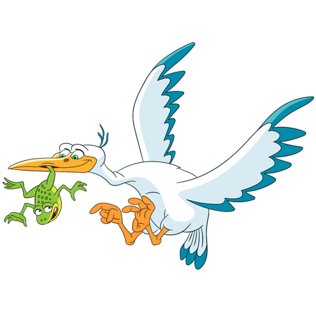 Cute and happy cartoon stork bird flying and frog, isolated on white background. Childish vector illustration and colorful book page for kids.のイラスト素材