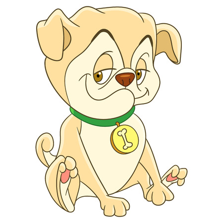 Cute and happy cartoon pug puppy dog, isolated on white background. Childish vector illustration and colorful book page for kids.のイラスト素材