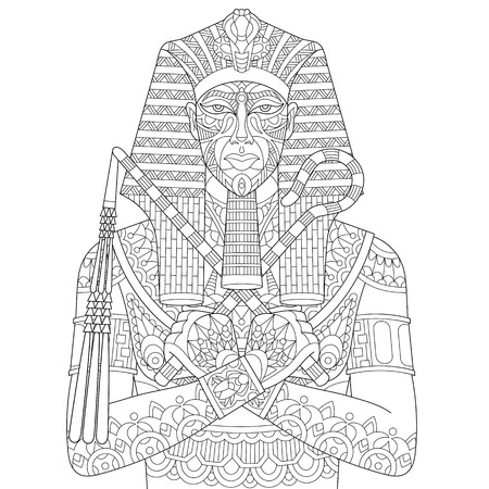 Stylized cartoon ancient egyptian pharaoh, isolated on white background. Freehand sketch for adult anti stress coloring book page with doodle and zentangle elements.のイラスト素材