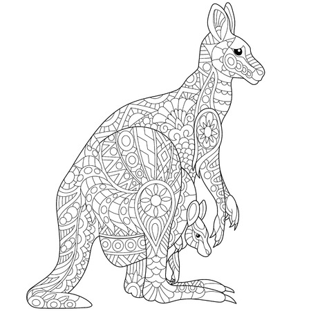 Stylized australian kangaroo family - mother and her young cub. Freehand sketch for adult anti stress coloring book page with doodle and zentangle elements.のイラスト素材