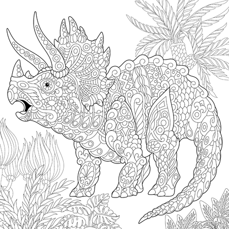 Stylized triceratops dinosaur living at the end of the Cretaceous period. Freehand sketch for adult anti stress coloring book page with doodle and zentangle elements.のイラスト素材