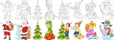 Cartoon new year set. Santa claus with presents and his helper elf, boy and girl with christmas gift boxes, child decorating fir tree, snowman, candy stick and bauble. Coloring book pages for kids.のイラスト素材