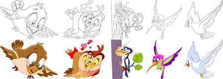 Cartoon animals set. Collection of birds. Sparrow, owls in love on Valentines Day, woodpecker, hummingbird (colibri), pigeon (dove). Coloring book pages for kids. Cartoon animals set. Collection of birds. Sparrow, owls in love on Valentines Day, woodpecker, hummingbird (colibri), pigeon (dove). Coloring book pages for kids.