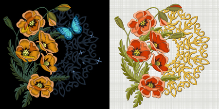 Embroidery pattern design. Floral wreath with red and yellow poppy flowers and mandala. Fashion ornament elements for fabric and textile prints, patches or stickers. Vector illustration.のイラスト素材