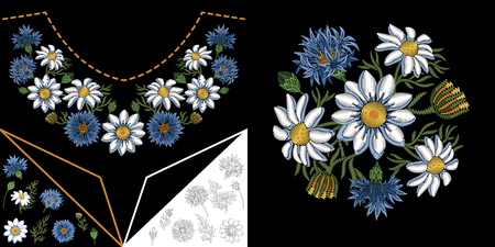 Embroidery neckline design. Collection of floral elements for dresses, shirts and blouses. Coloring outline drawing of daisy (chamomile) flowers and cornflowers.のイラスト素材