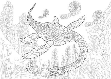 Stylized plesiosaurus dinosaur of the Mesozoic era. Freehand sketch for adult anti stress coloring book page with doodle and zentangle elements.のイラスト素材