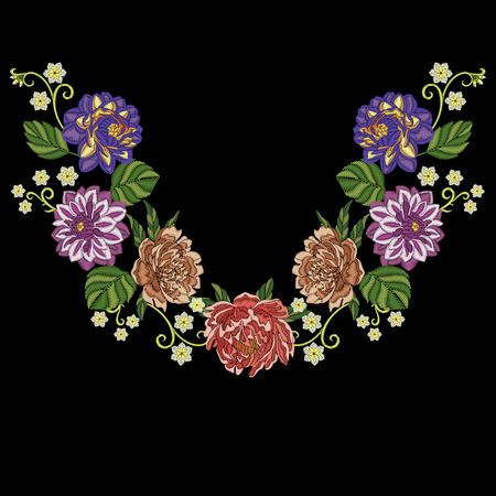 Embroidery design. Embroidered collection of dahlia, peony and chrysanthemum flowers for fabric pattern, textile print, patch or sticker. Symmetric floral elements for dress neckline, t-shirt, blouse.のイラスト素材