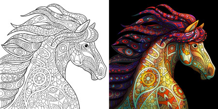Coloring page of mustang horse. Colorless and color samples for adult antistress coloring book cover.のイラスト素材