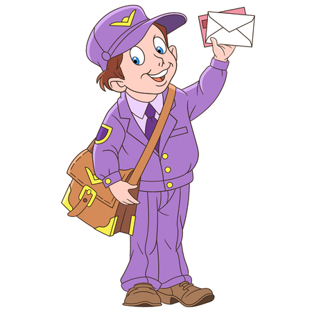 Cartoon boy mail man, postman. Colorful book page design for kids and children.のイラスト素材