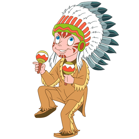 Cartoon carnival costume. Boy dressed as native american indian chief with maracas. Colorful book page design for kids and children.のイラスト素材