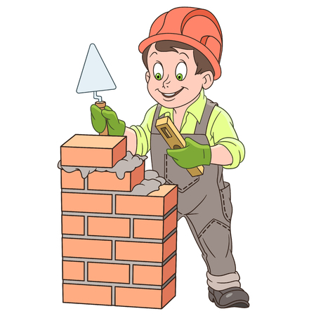 Cartoon builder with trowel and level tool working around a brick wall in colorful book page design for kids.のイラスト素材