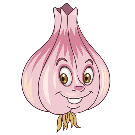 Cartoon Garlic clove character. Happy Vegetable symbol. Food spice icon. Design element for children's coloring book, kids t-shirt print, labels, patches or stickers.のイラスト素材