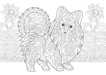 Coloring Page. Adult Coloring Book. Pomeranian spitz, dog symbol of 2018 Chinese New Year. Rural scene with sunflowers. Anti stress freehand sketch drawing with doodleのイラスト素材