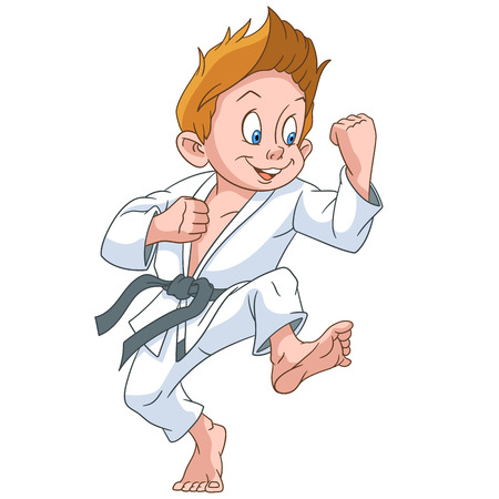 Cartoon boy practicing karate. Colorful book page design for kids and children.のイラスト素材