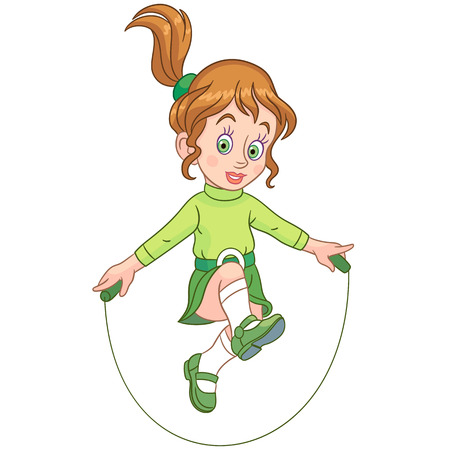 Kids Leisure Activities. Cartoon girl jumping with skipping rope. Design for children's coloring book.のイラスト素材