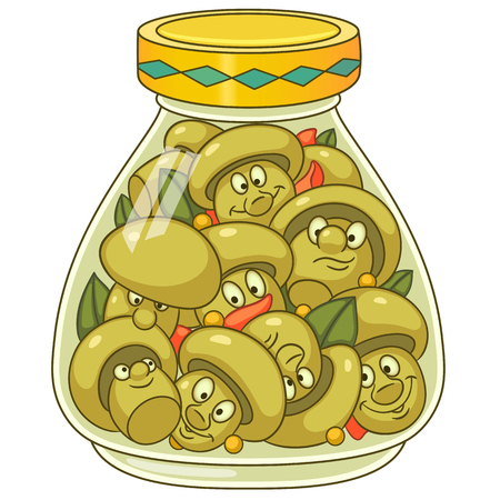 Pickles jar. Pickled champignon mushrooms. Happy canned food concept. Cartoon design for kids coloring book, colouring page, t-shirt print, icon, logo, label, patch, sticker.のイラスト素材