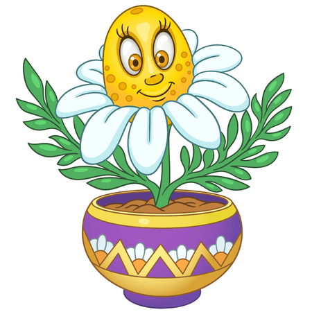 White Daisy. Chamomile flower. House plant in a pot. Happy cartoon design for kids coloring book, colouring page, t-shirt print, icon, logo, label, patch, sticker.のイラスト素材