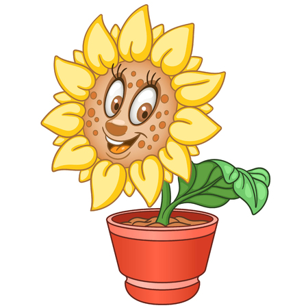Sun flower. Yellow farm sunflower. House plant in a pot. Happy cartoon design for kids coloring book, colouring page, t-shirt print, icon, logo, label, patch, sticker.のイラスト素材