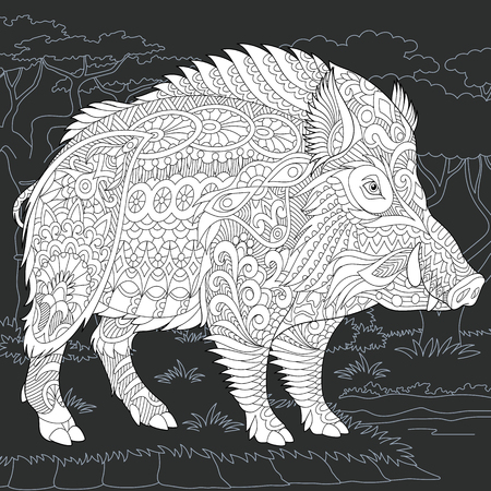 Wild Boar drawn in line art style. 2019 Chinese New Year symbol. Coloring book. Coloring page.のイラスト素材